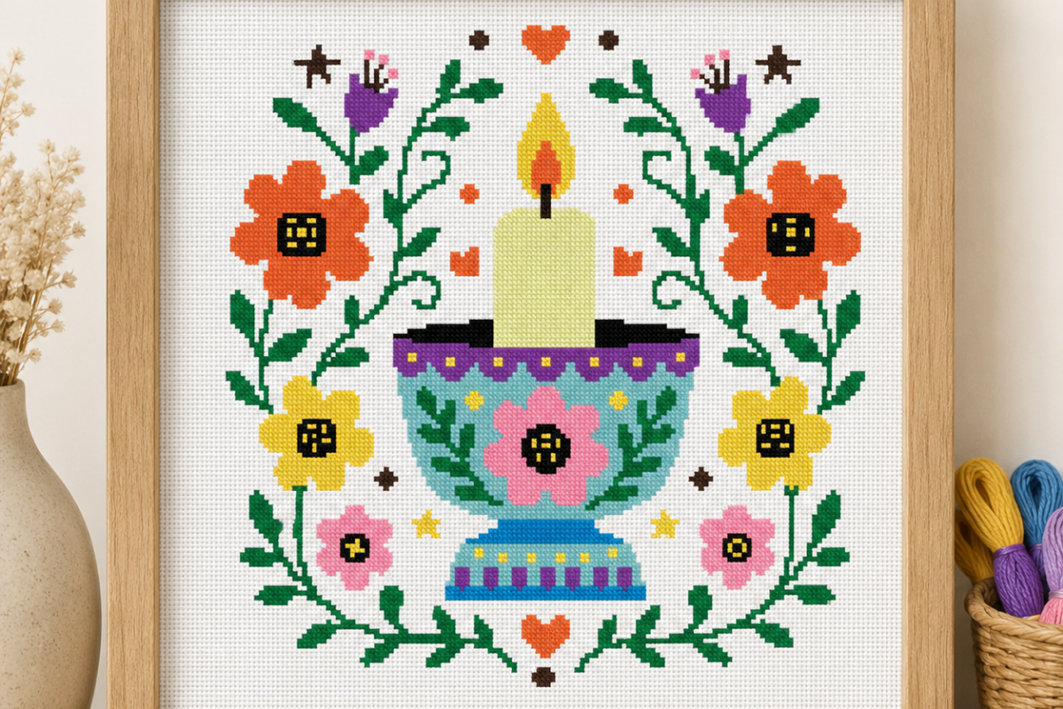 Floral Candle Cross Stitch Pattern