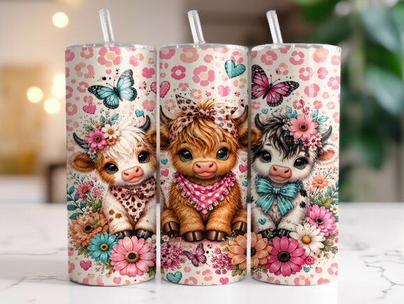 Floral Highland Cow Butterfly Tumbler