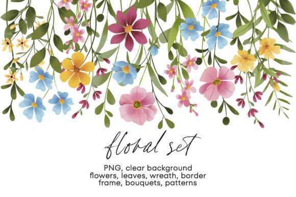 Floral Watercolor Set with Flowers, PNG.