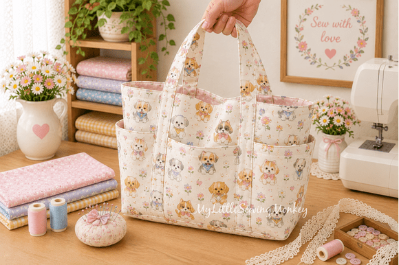 Multi pocket tote bag sewing inspiration with coordinated fabric choices and organizer styling