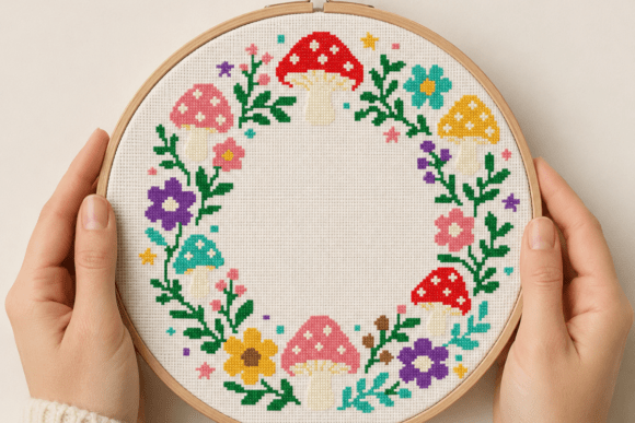 Mushroom Flower Wreath Cross Stitch