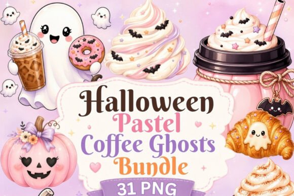Pastel Halloween Coffee Ghosts Clipart Illustration Illustrations Imprimables Par Tanya Kart