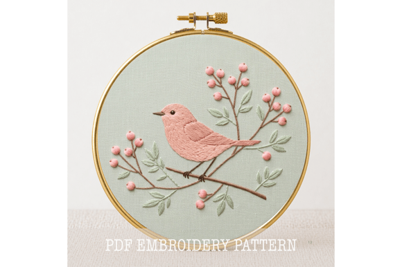 Pink Bird Berry Embroidery Pattern