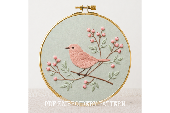 Pink Bird Berry Embroidery Pattern