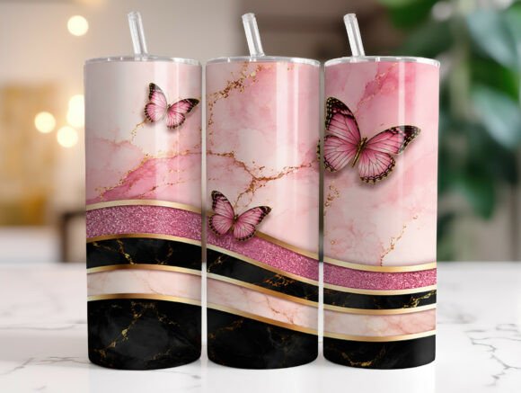 Pink Butterfly Marble 20oz Tumbler Wrap