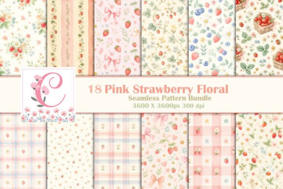 Pink Strawberry Floral Digital Paper