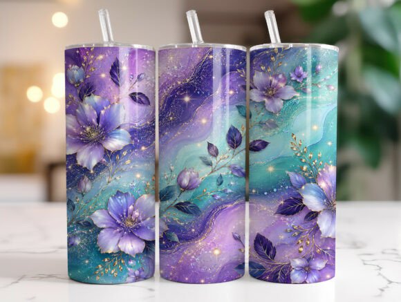 Purple Teal Floral 20oz Tumbler Wrap PNG