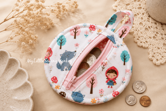 Scrap fabric round coin purse sewing project with colorful fabric options