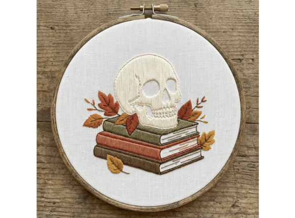 Skull Books Embroidery Pattern