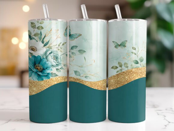 Teal Floral Butterfly 20oz Tumbler Wrap