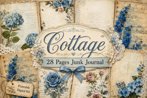 Vintage Blue Floral Junk Journal Pages