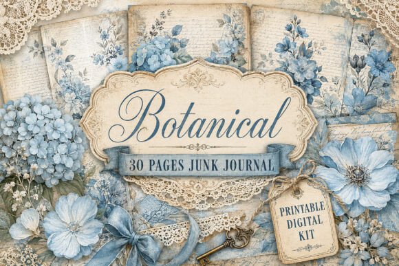 Vintage Blue Floral Junk Journal Papers