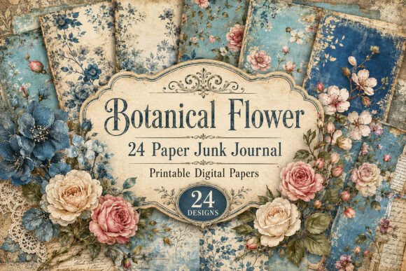 Vintage Blue Floral Junk Journal Papers