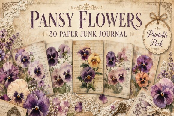 Vintage Pansy Floral Junk Journal Papers