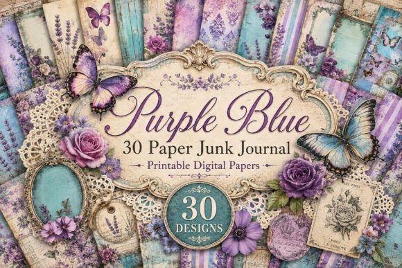Vintage Purple Teal Junk Journal Papers