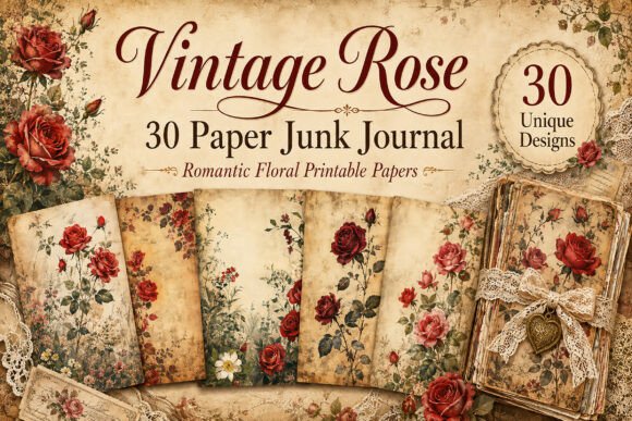 Vintage Red Rose Floral Junk Journal