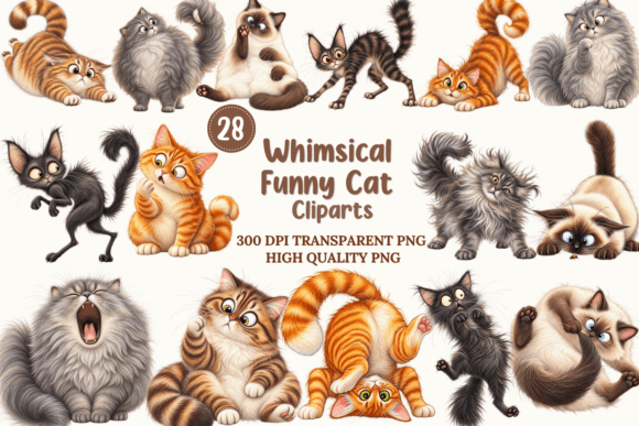 Whimsical Funny Cat Clipart Bundle