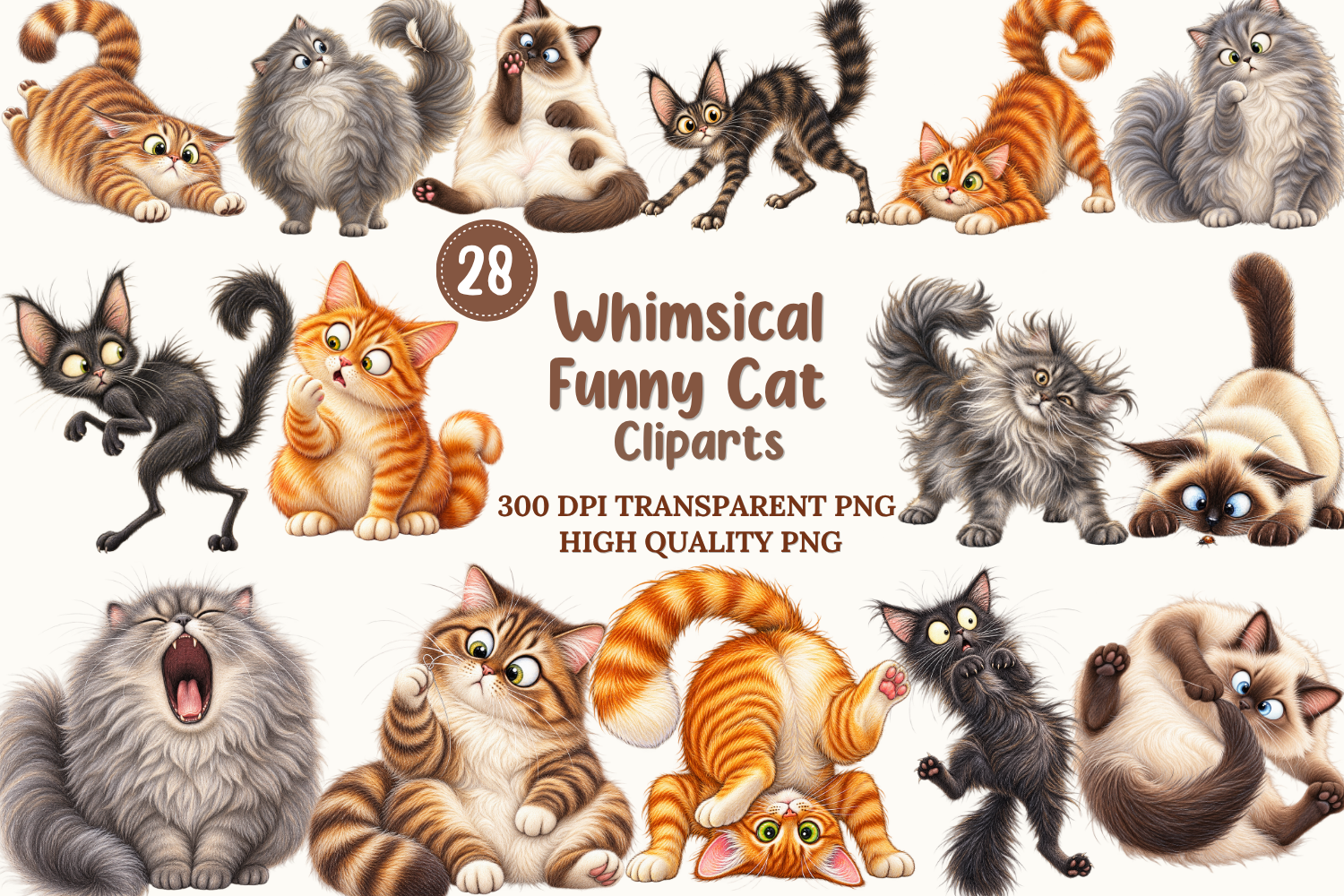 Whimsical Funny Cat Clipart Bundle