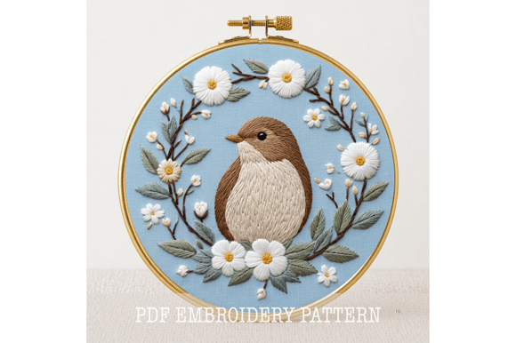 Wren Daisy Wreath Embroidery Pattern