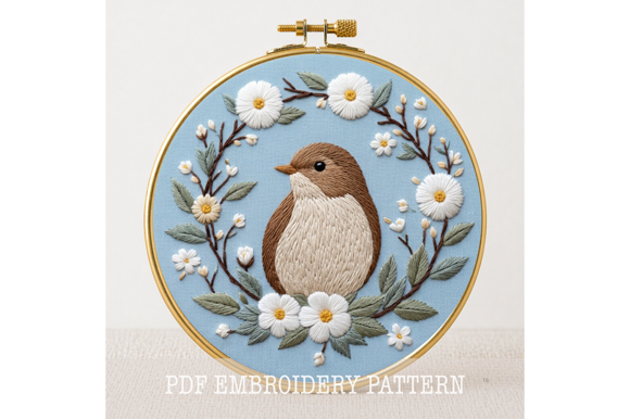 Wren Daisy Wreath Embroidery Pattern