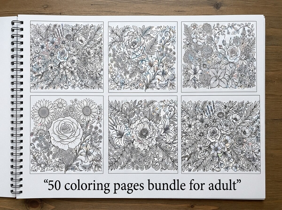 50 Floral Coloring Pages Bundle