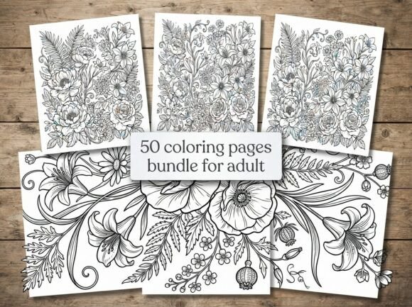 50 Floral Coloring Pages Bundle
