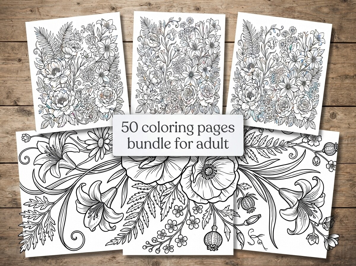 50 Floral Coloring Pages Bundle