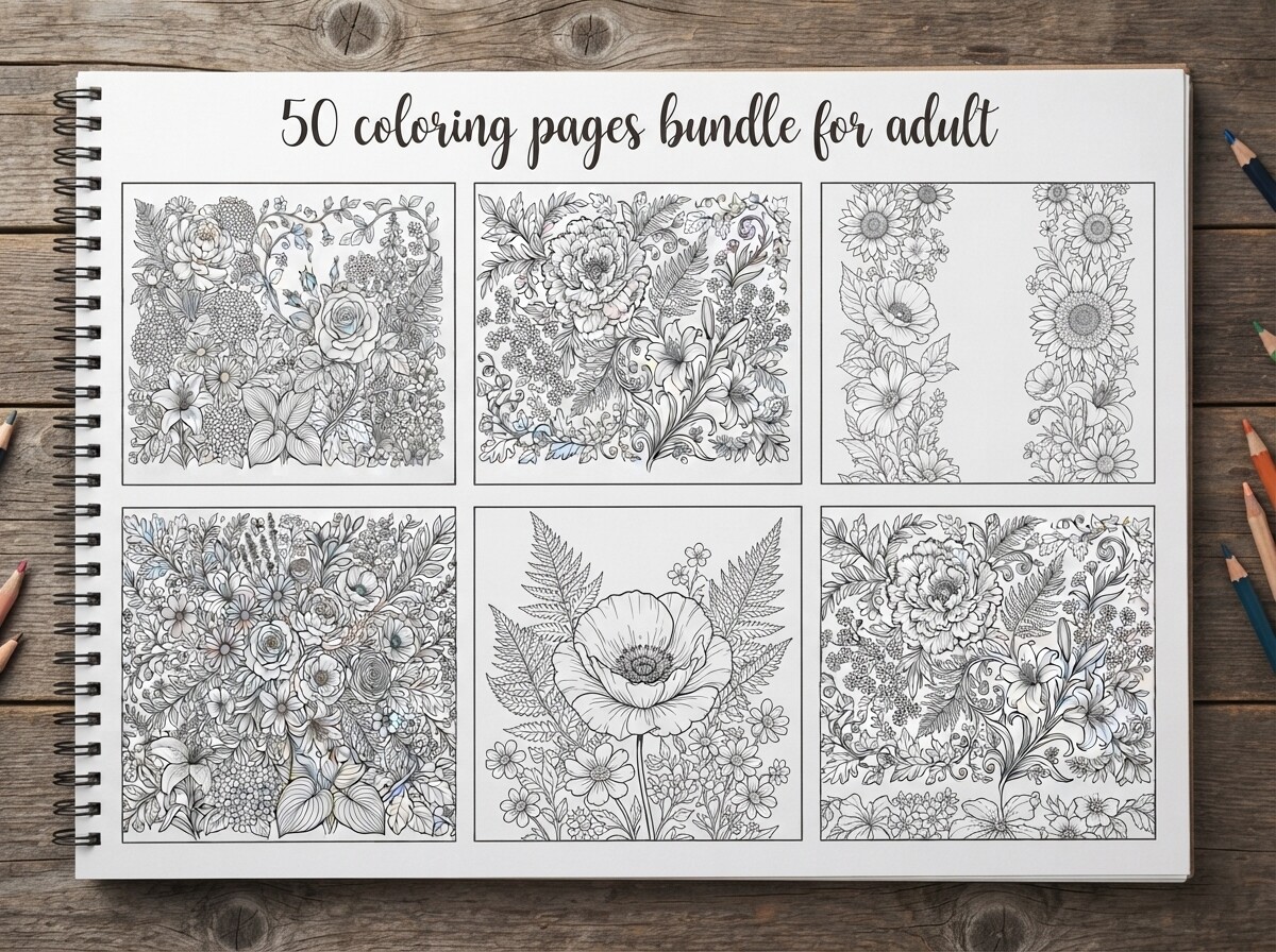 50 Floral Coloring Pages Bundle