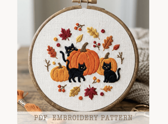 Black Cats Pumpkin Embroidery Pattern