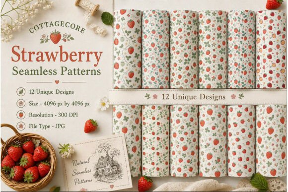 Cottagecore Strawberry Seamless Patterns