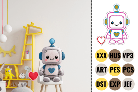 Cute Robot with Heart Embroidery Design
