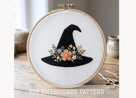 Floral Witch Hat Embroidery Pattern