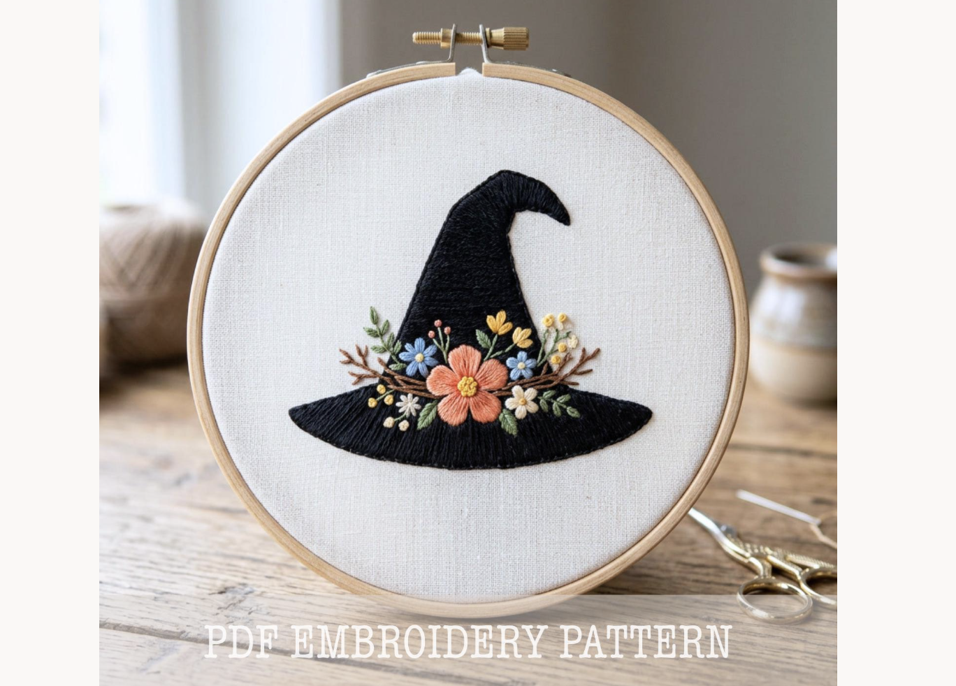 Floral Witch Hat Embroidery Pattern
