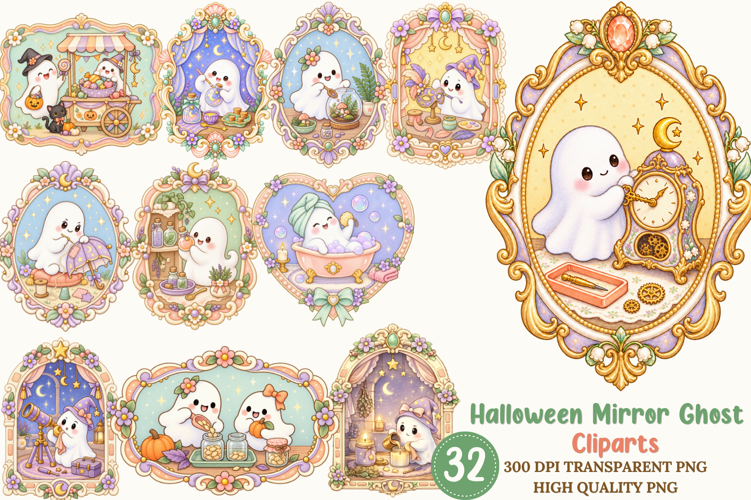 Halloween Mirror Ghost Clipart Bundle