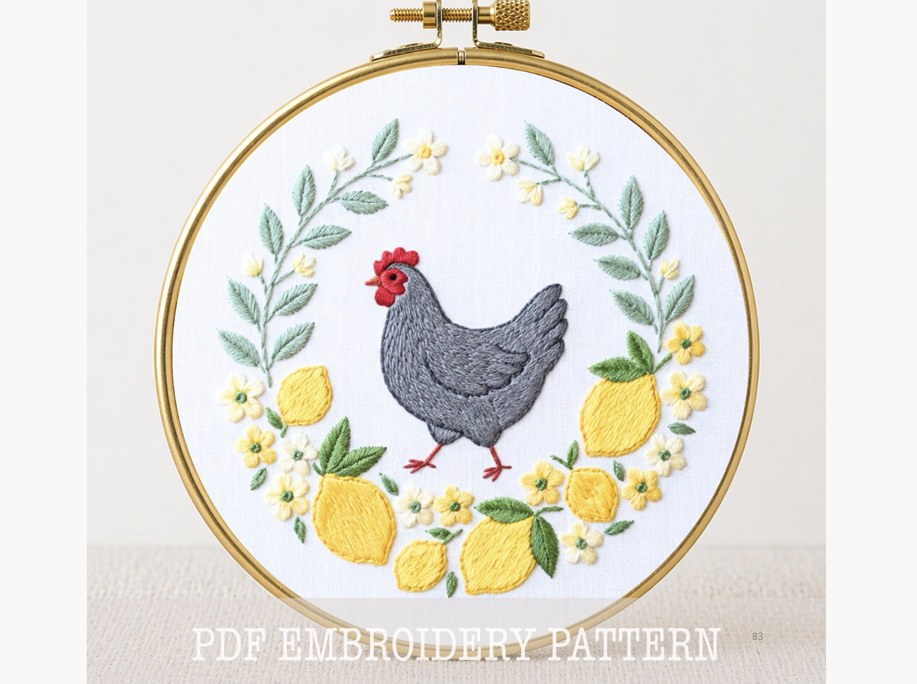 Hen Lemon Wreath Embroidery Pattern