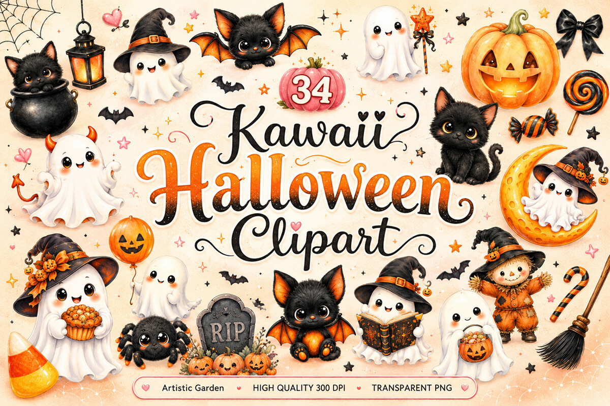 Kawaii Halloween Watercolor Clipart