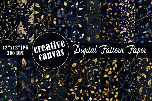 Navy Blue Gold Botanical Seamless Paper