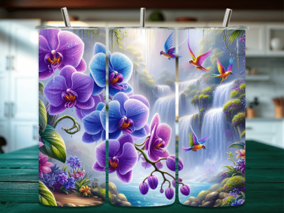 Orchid Waterfall Birds Tumbler Wrap PNG