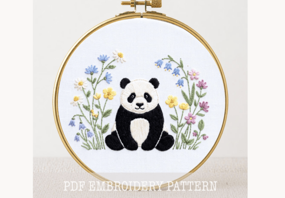 Panda Wildflowers Embroidery Pattern