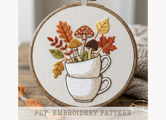 Teacup Mushroom Embroidery Pattern