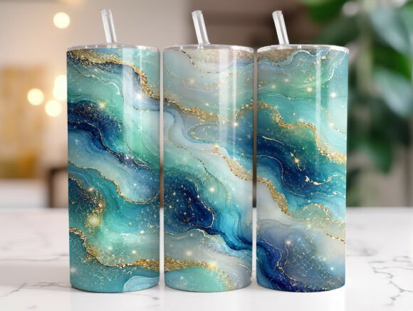 Teal Gold Marble 20oz Tumbler Wrap PNG