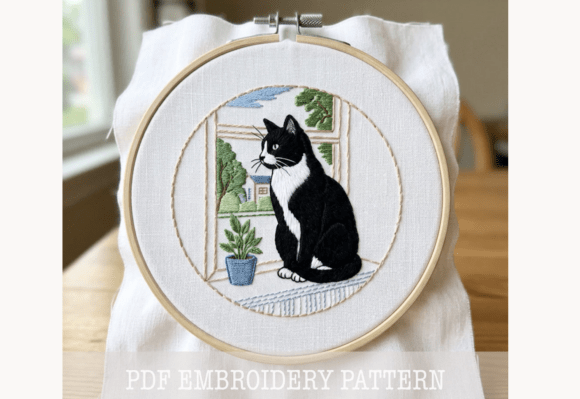 Tuxedo Cat Window Embroidery Pattern