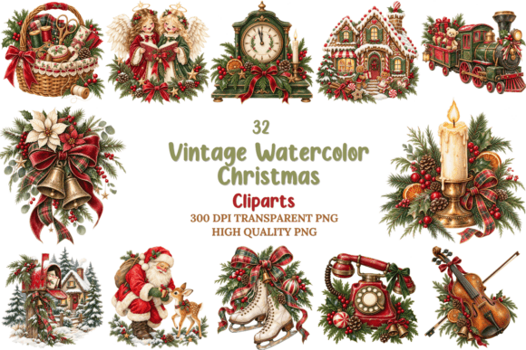 Vintage Watercolor Christmas PNG Bundle