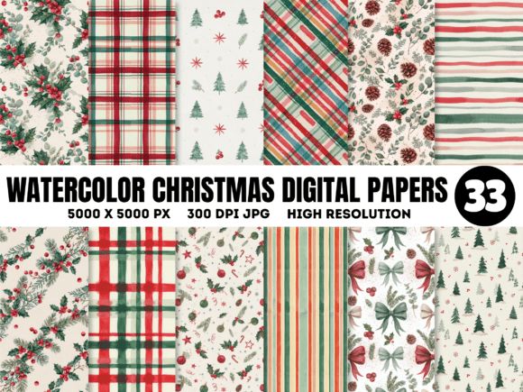 Watercolor Christmas Digital Papers JPG