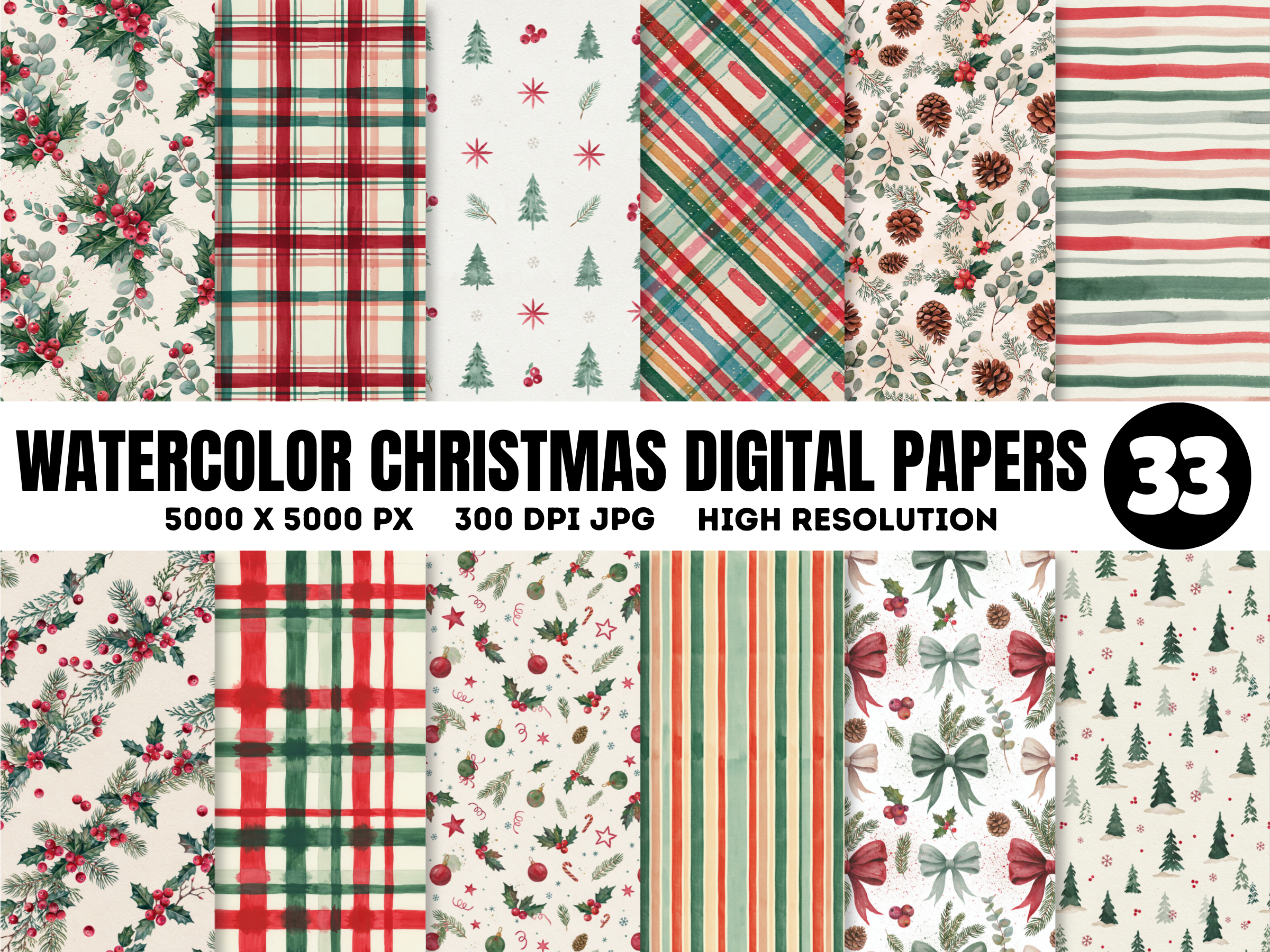 Watercolor Christmas Digital Papers JPG