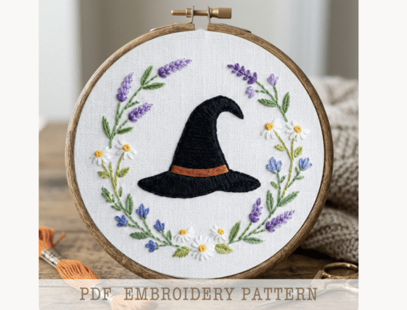 Witch Hat Wreath Embroidery Pattern