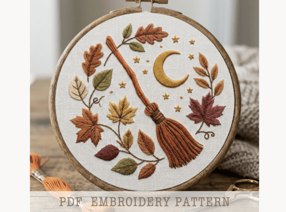 Autumn Broom and Moon Embroidery Pattern