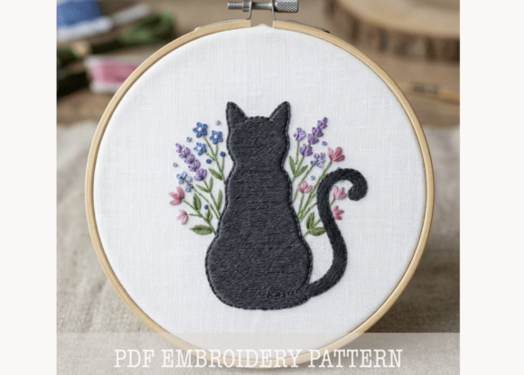 Black Cat Silhouette Embroidery Pattern