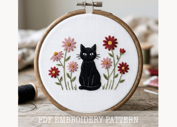 Black Cat and Daisies Embroidery Pattern