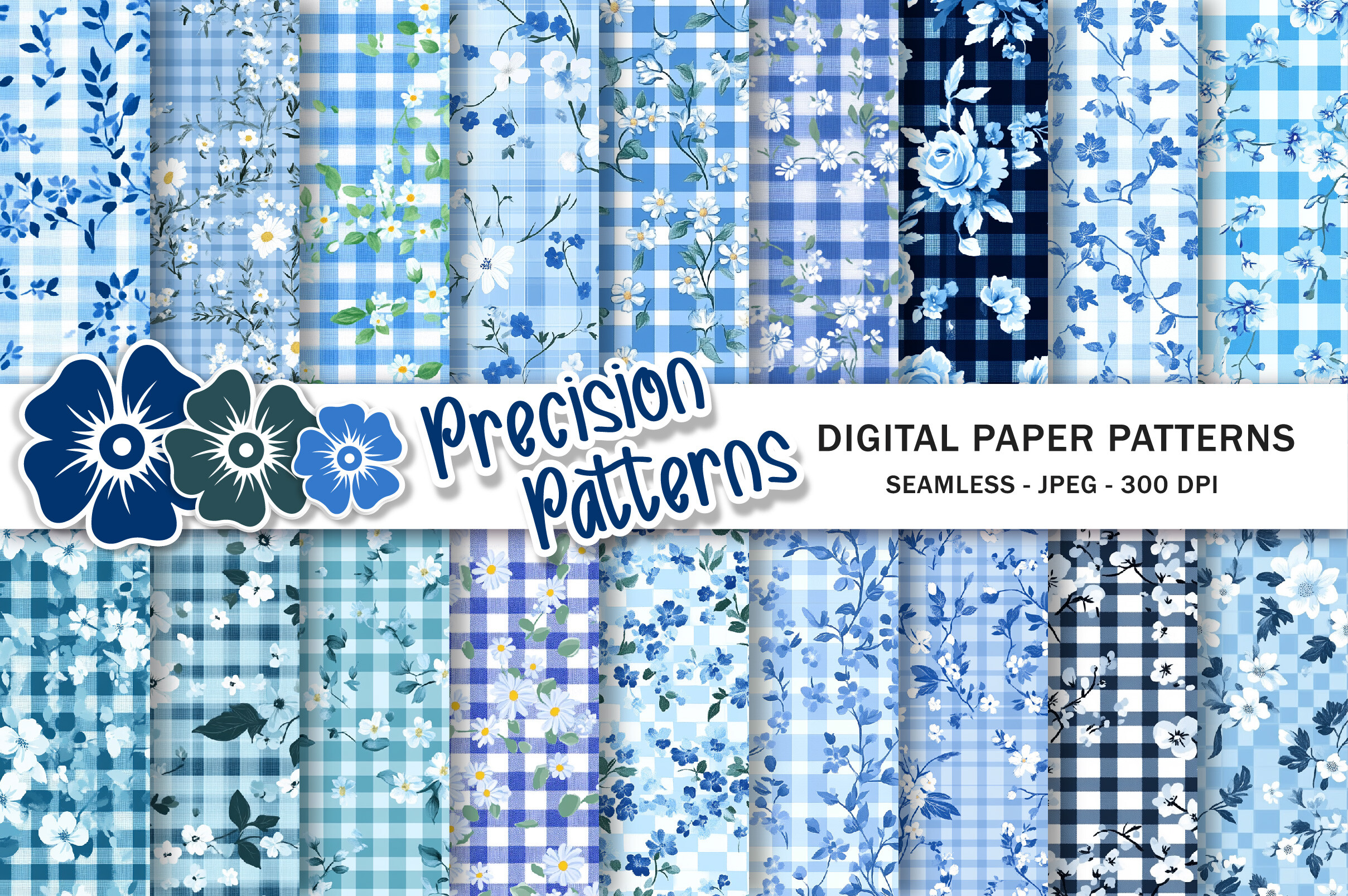 Blue Floral Gingham Pattern
